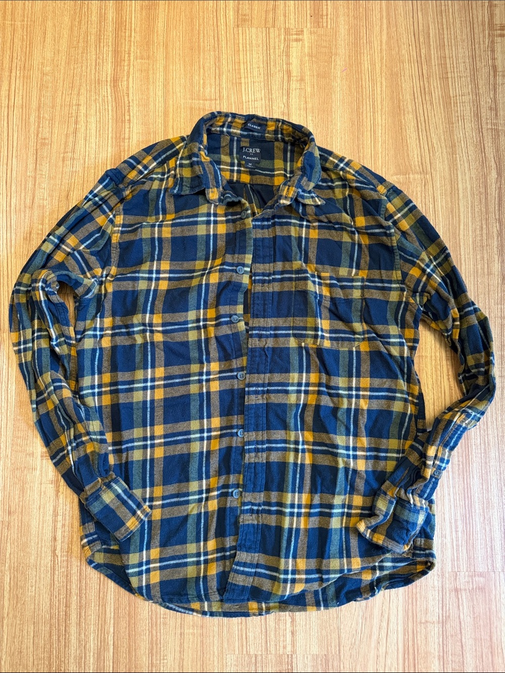 J. Crew Men’s Navy and Mustard Plaid Long-Sleeve Shirt Medium Classic Fit